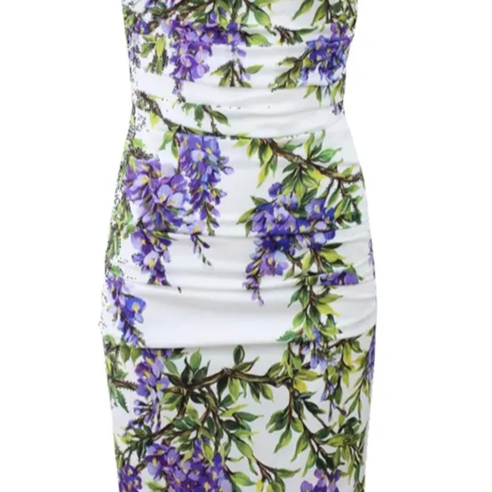 NWT - Dolce & Gabbana Wisteria Ruched Dress in White & Lavender - SIZE 48 - Picture 3 of 15